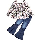 Perdeca Toddler Girl Clothes Floral Print Square Neck Shirts Flared Jeans Toddler Girl Outfits 2-7Y