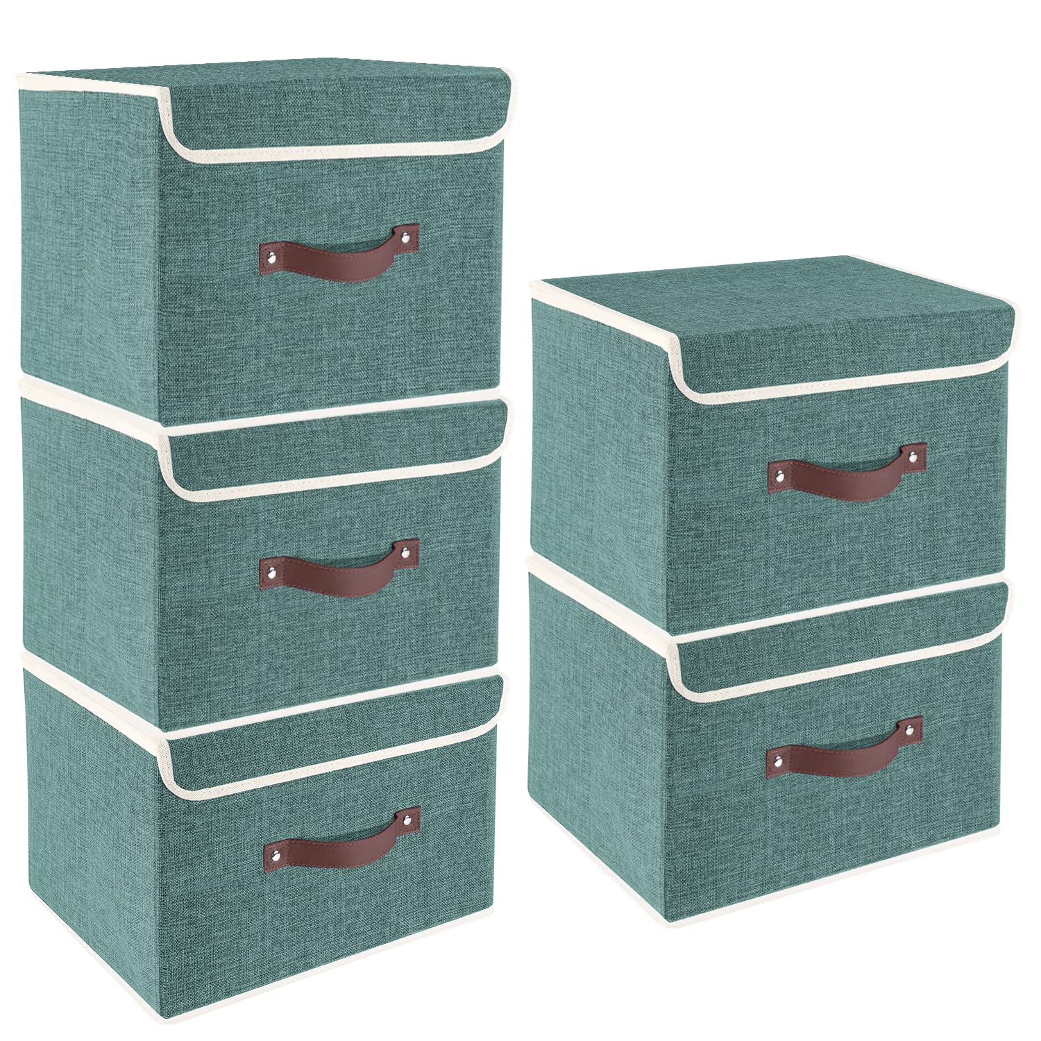 TYEERS Collapsible Storage Box with Lid, Fabric Storage Box for Clothes, Wardrobe Storage, 38x25x25 cm, Set of 5, Aqua Deep