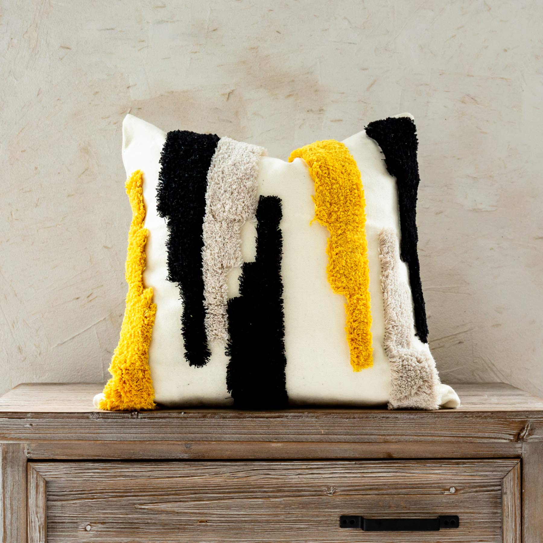 Photo 1 of Woven Tufted Boho Throw Pillow Cover, Modern Decorative Geometric Irregular Black Ivory Yellow Striped Lines Cushion, Farmhouse Tribal Pillowcases for Couch Sofa Bedroom Living Room, 18 x 18 Inches