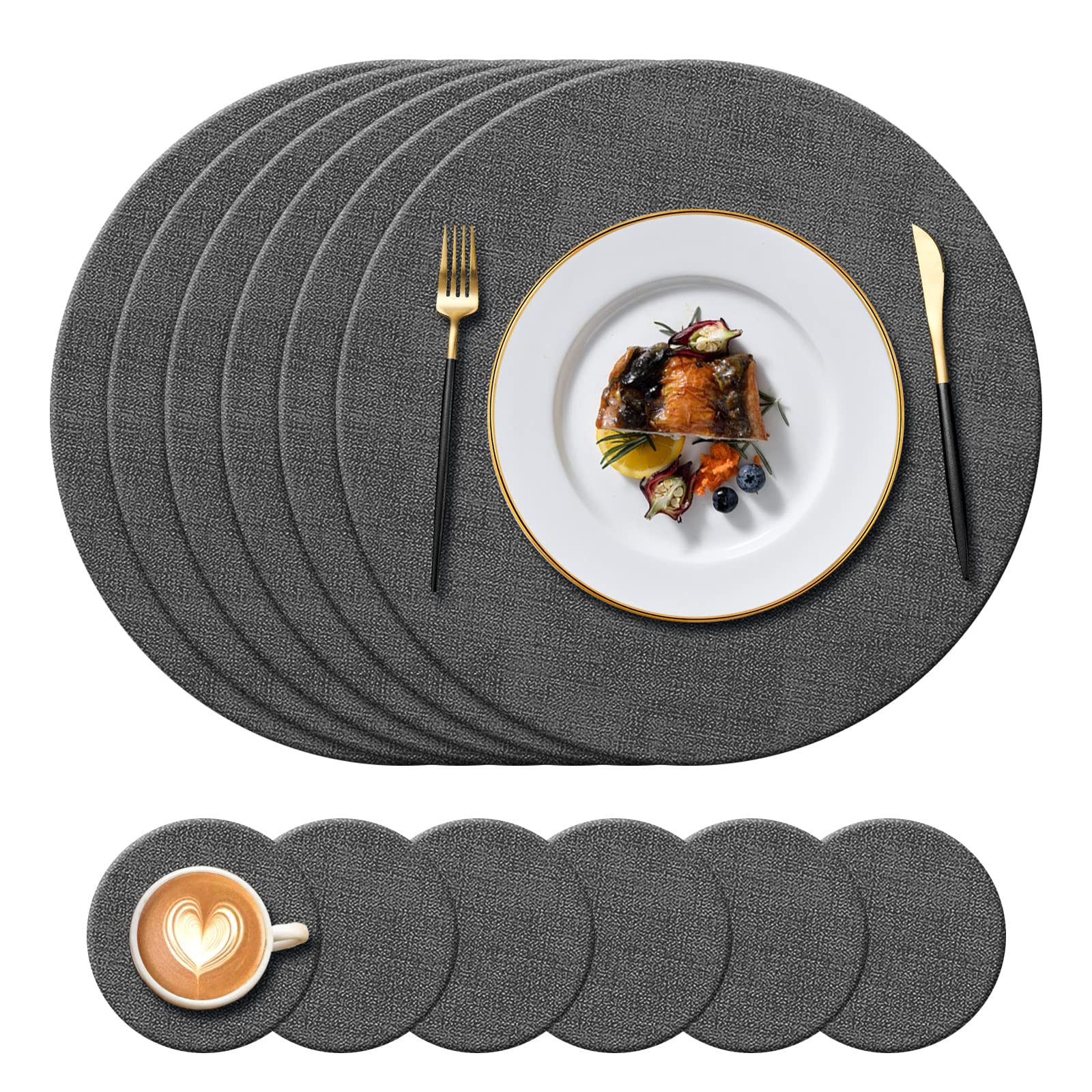 KERYCHIN Round Leather Placemats and Coasters Set, Heat-Resistant 212°F, Non-Slip and Waterproof, Decoration Accessories for Kitchen, Home, Restaurant, Outdoor, Indoor Dining Table, 12 Pieces, (Black)