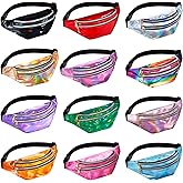 Frienda 12 Pieces Holographic Fanny Packs for Women Kids, 12 Metallic Color Sport Waistbags with 3 Pouches 80s Rave Shiny Waist Pack with Adjustable Belts for Outdoor Activities Cycling Running