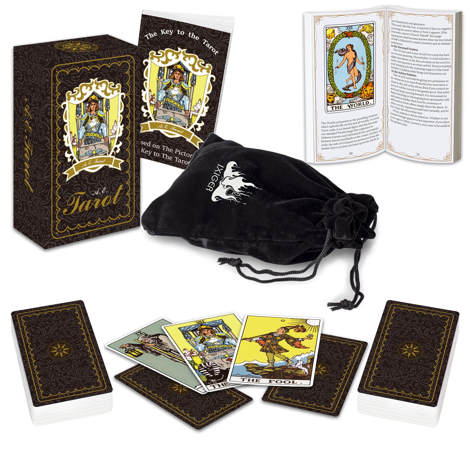 IXIGER Tarot Cards Deck with Guide Book,Tarot Cards for Beginners,Tarot Cards Set 78 Pcs,Classic Tarot Cards Deck for Expert Readers with Black Velvet Pouch Bag