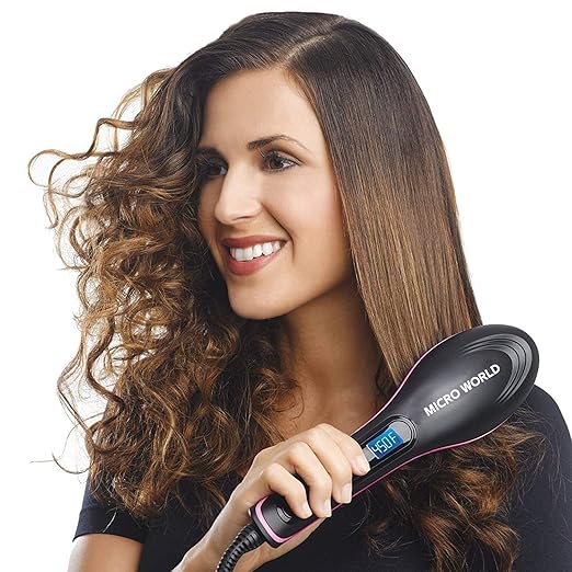MICRO WORLD Hair Electric Comb Brush 3 in 1 Ceramic Fast Hair Straightener For Women's Hair Straightening Brush with LCD Screen, Temperature Control Display,Hair Straightener For Women (BLACK)