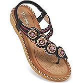 HARENCE Flat Sandals for Women Dressy: Comfortable Summer Flats Shoes Elastic Ankle Strap Bohemian Beaded Beach Sandal