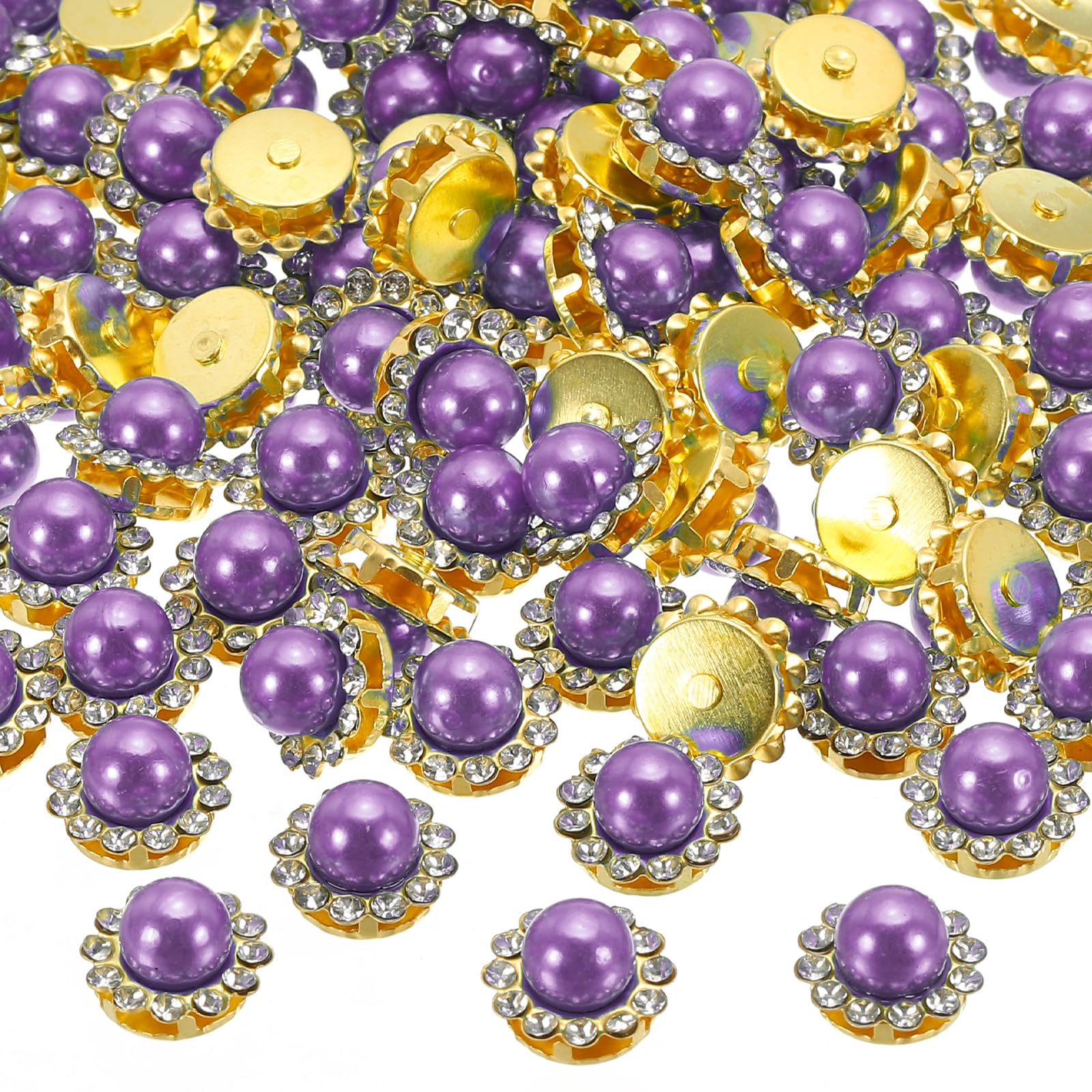 PATIKIL 12 mm Flower Claw Sew on Pearls Rhinestones, 100 Pcs Crystals Gold Shiny Flatback Base Pearls Rhinestones for DIY Crafts Shoes Dress Clothes Earring Belt Sewing Decoration Purple
