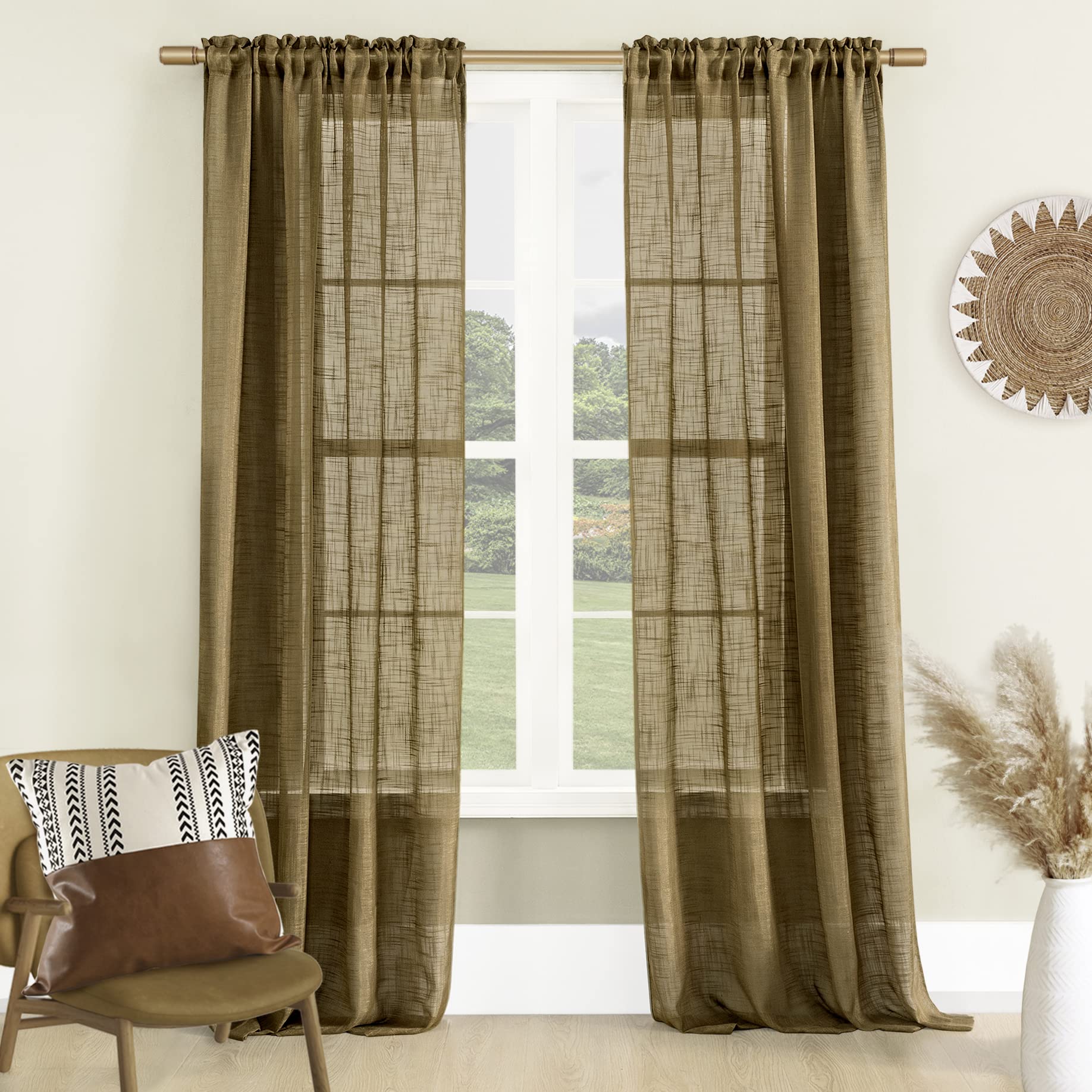 Tan Brown Rustic Burlap Curtains 84 Inches Long for Living Room Warm Winter Earthtone Sheer Lodge Boho Primitive Decor Jute Linen Tweed Textured Bamboo Curtain for Window Sliding Glass Barn Door,Camel