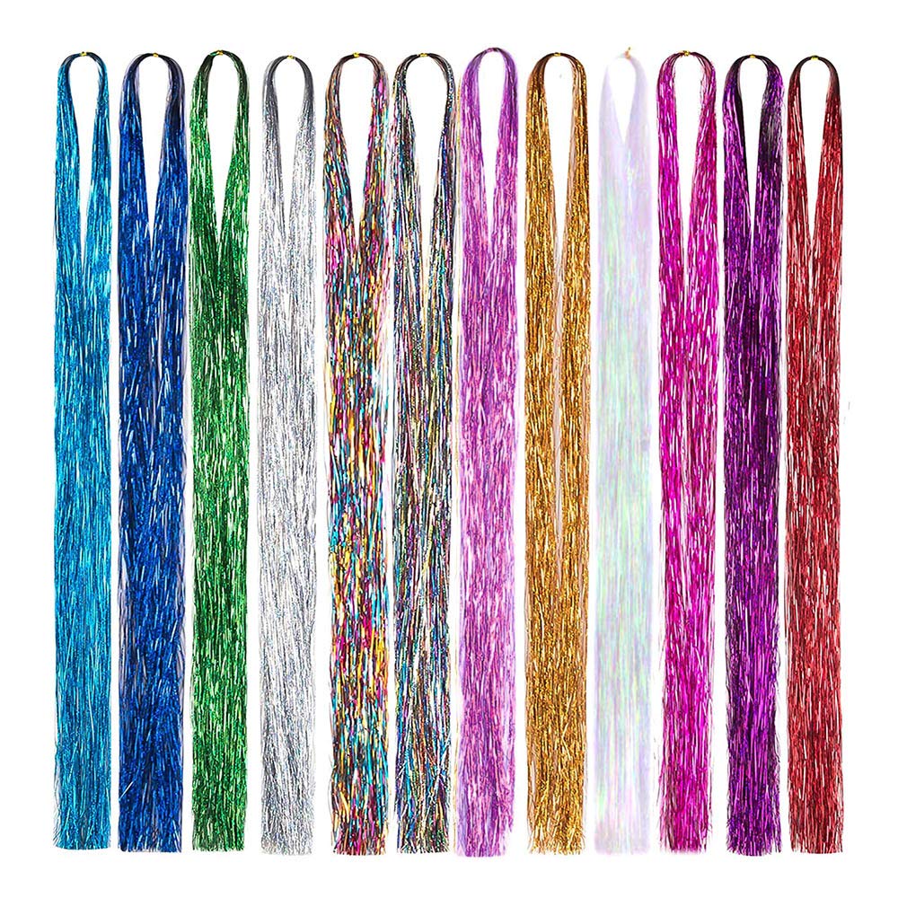 Hair Tinsel Kit, 12 Colors 38 Inch Fairy Hair Tinsel Kit, Hairs Sparkling Dazzle Glitter Shiny Hair for Women Hair Extensions