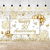 ONANNA 50th Wedding Anniversary Decorations - White Gold Happy Anniversary Banner, Large Backdrop Decor for Golden Wedding Party
