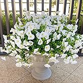 Artificial Fake Flowers For Outdoor Outside Decoration,16 Bundles UV Resistant Faux Plastic White Flowers with Green Eucalyptus Stem Plants Bulk Look Real for Home Porch yard Patio Planters (White)