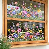 2 Sheets Wildflower Static Window Clings Spring Summer Floral Window Decals | Double-Sided Anti-Collision Window Glass Door Stickers for Home Store Party Decorations