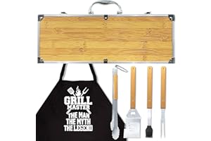 TAESUN Grilling Accessories Anniversary Birthday Gifts for Dad/Husband, Heavy Duty Wooden BBQ Kit with Apron for Backyard, Thick Stainless Steel Grill Utensils with Non-Slip Handle Tools in Portable Bag