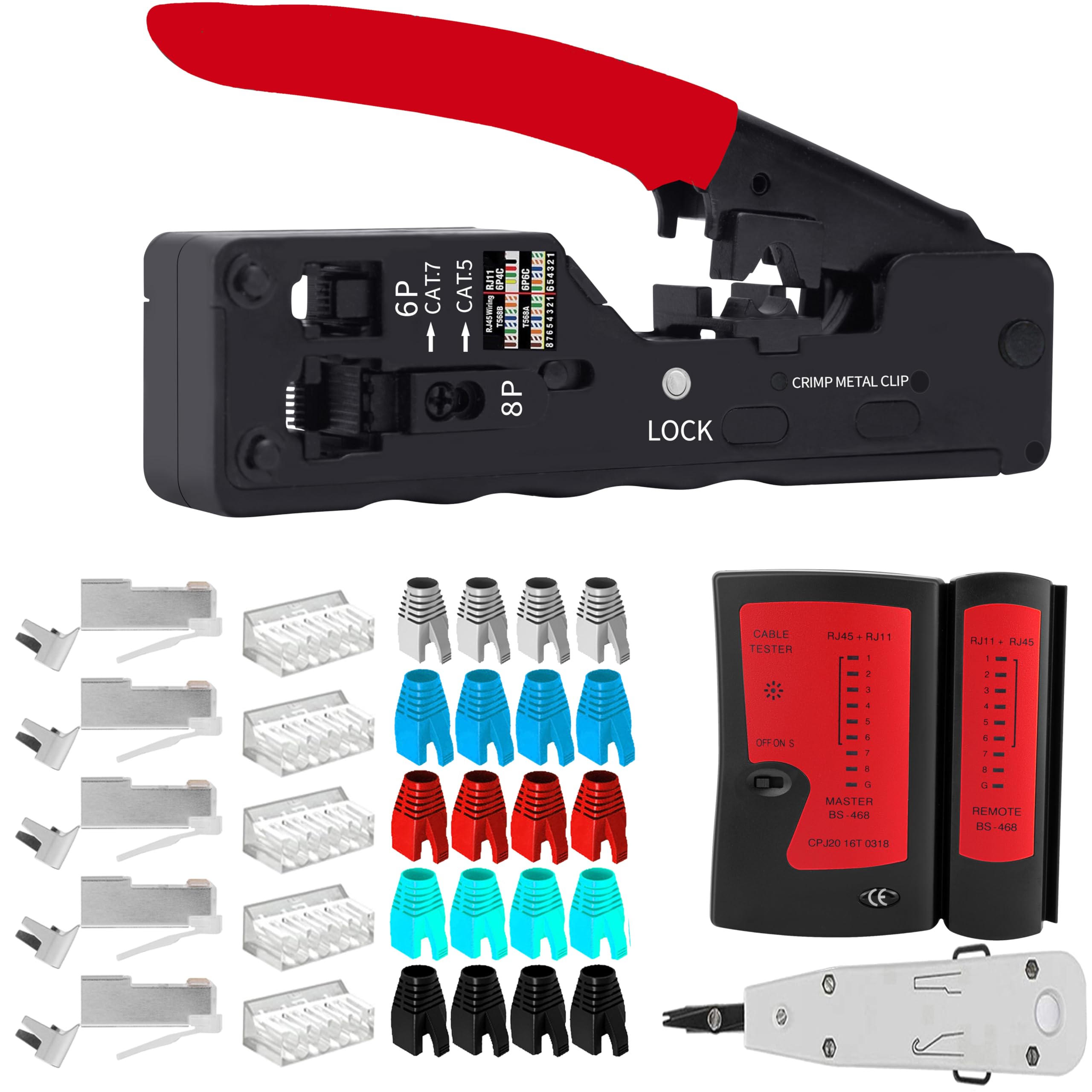 LUBEIN CAT5/CAT6 RJ45 Crimp Tool Kit, Ethernet Crimper Set for RJ11/RJ12/RJ45 Connectors, Punch Down Stripper Network Cable LAN Wire Crimping Tool (RED)