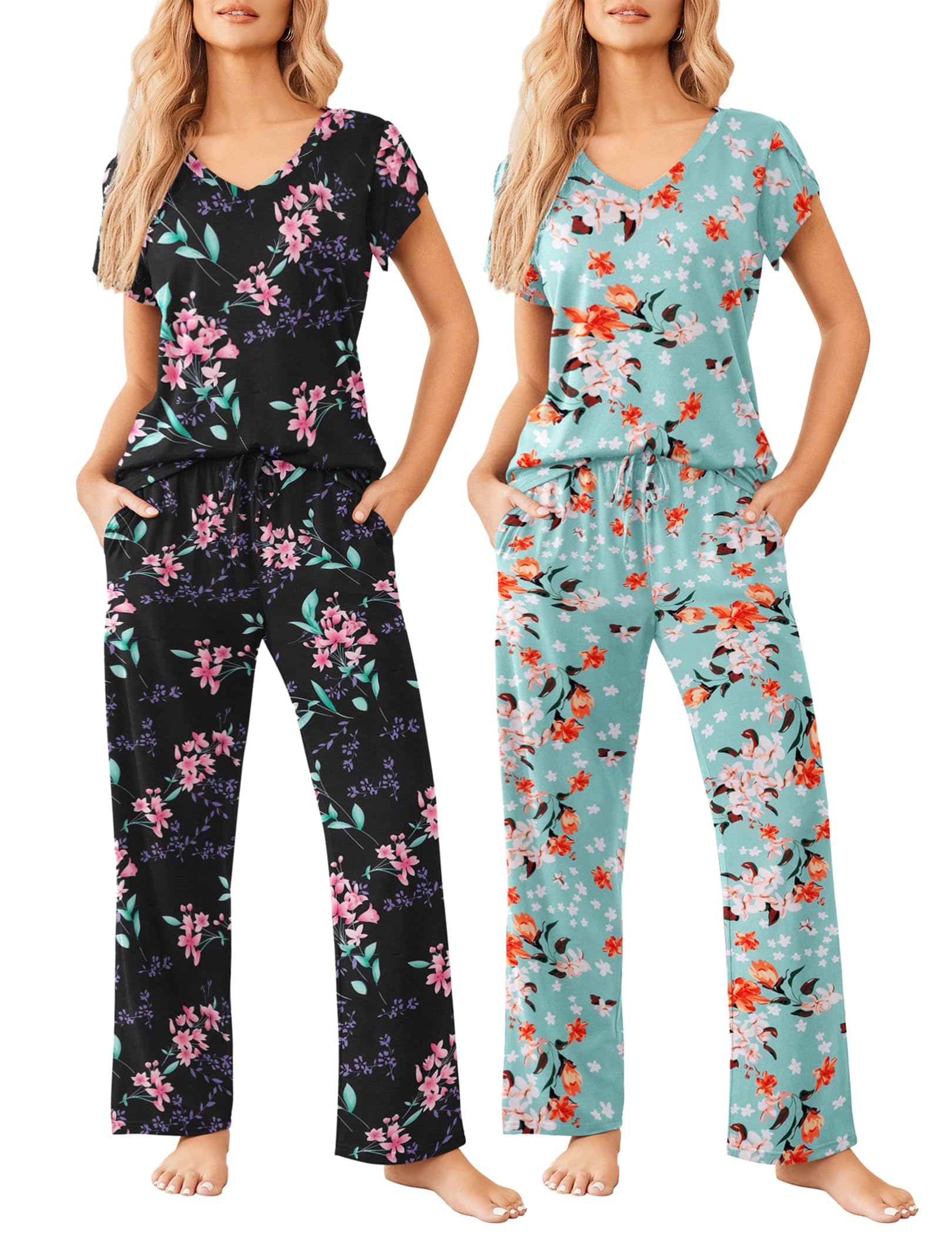 Ekouaer 2 Pack Womens Pajamas Short Sleeve Sleepwear Top with Pants Super-Soft Printed Lounge Sets S-XXL Image