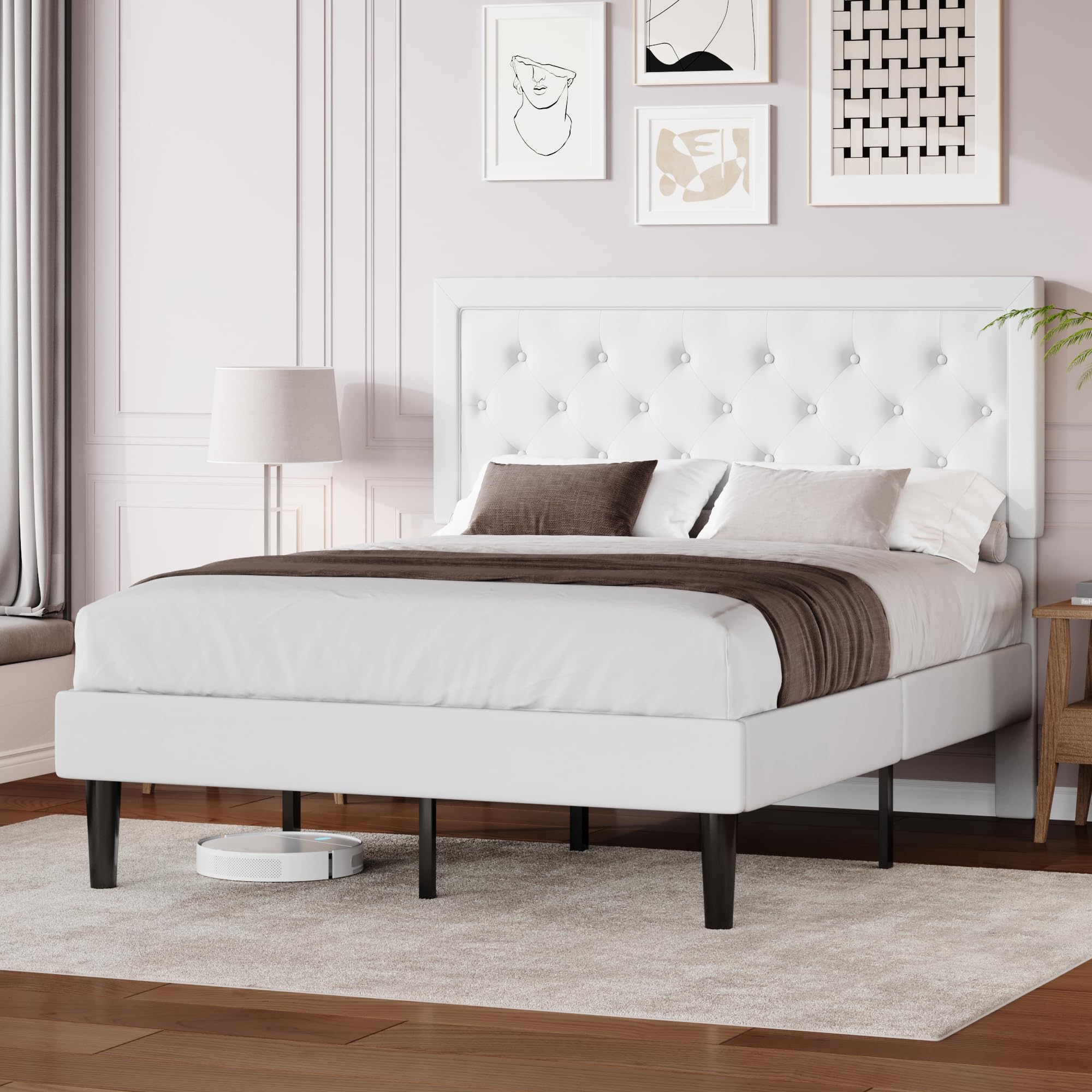 Allewie Full Size Velvet Upholstered Bed Frame with Adjustable Headboard, Diamond Tufted Design, Wood Slat Support, Noise-Free EVA Strip, Easy Assembly, White Image