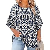 Micoson Womens Plus Size Tops 3/4 Ruffle Sleeve Shirts Crewneck Pleated Blouses Dressy Casual Fashion Tunic Top (1X-5X)