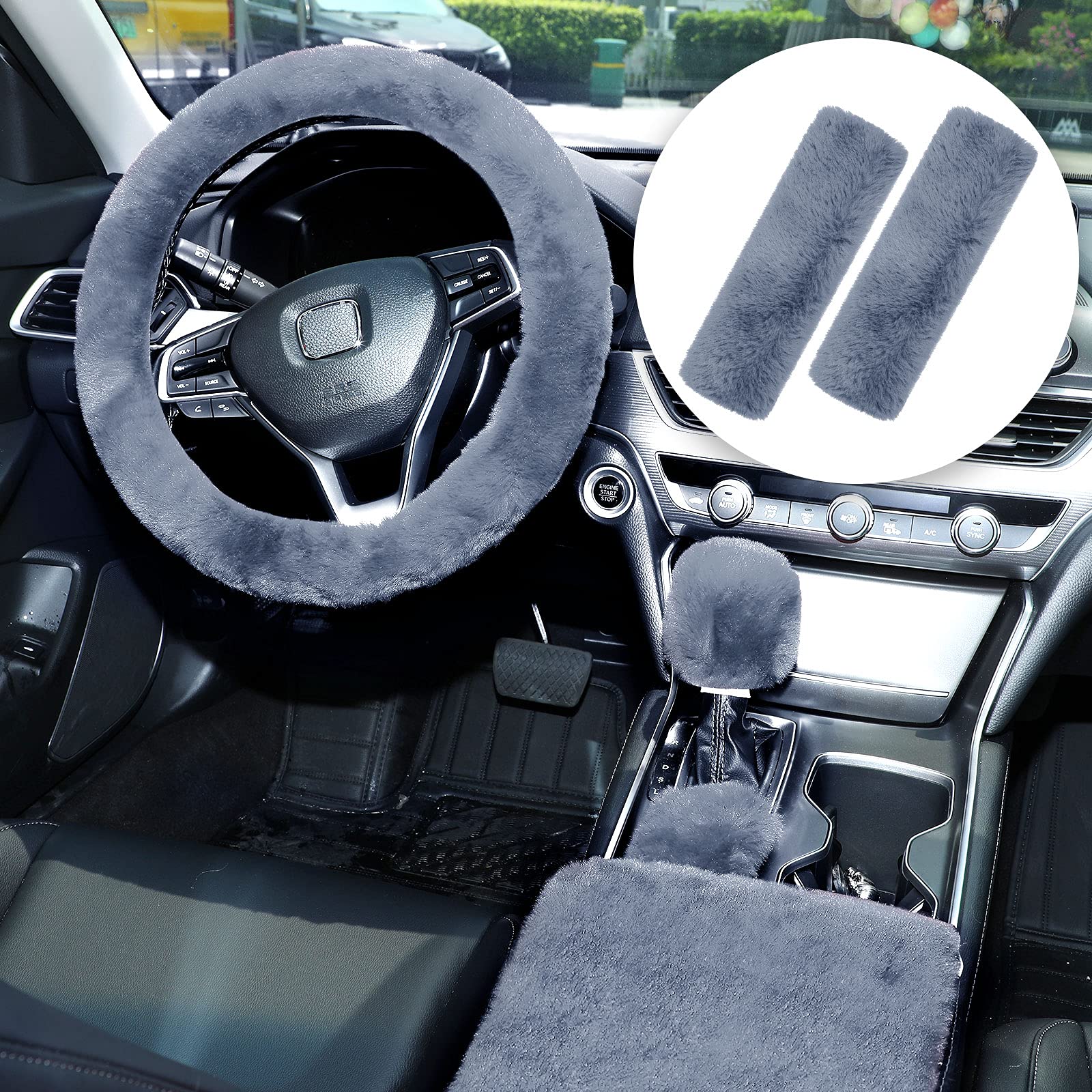 Photo 1 of 6 Pieces Fluffy Steering Wheel Covers Set for Women, Fur for Car Accessories, Fuzzy Gear Shift Cover Handbrake Center Console Seat Belt Shoulder Pads Cover Decoration (Grey, Short Hair)
