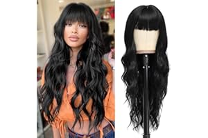 NAYOO Black Wigs with Bangs for Women Long Curly Wavy Hair Wigs Heat Resistant Synthetic Fiber Wigs for Daily Party Use 26 Inches (Black)