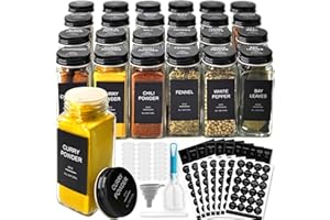 GPOVVIMX 24 Pcs Glass Spice Jars with 408 Labels, 4oz Empty Seasoning Bottles Square Containers with Black Metal Caps - Shake