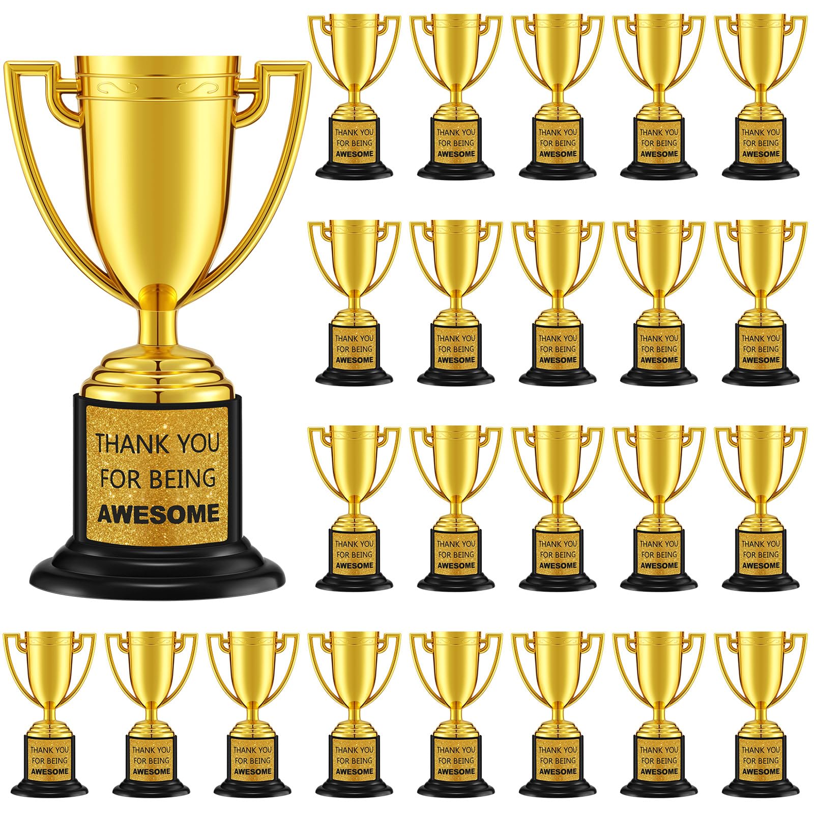 Photo 1 of Highergo 24 Pcs Mini Trophies Awards Plastic Gold Trophy Cups Party Favors Adults Metal Trophy with Stickers for School Football Golf Sports Competition Staff Reward Appreciation Gifts(Awesome)