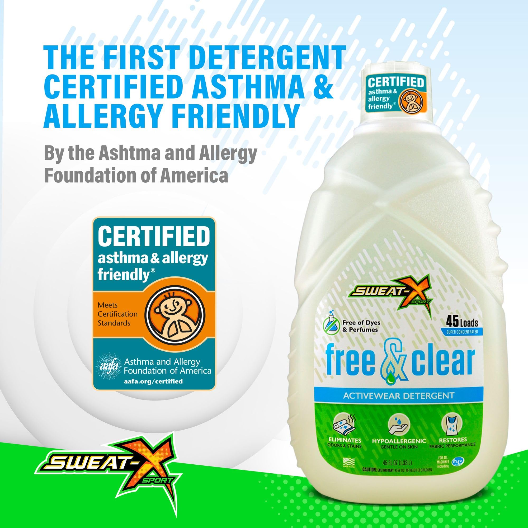 Sweat X Free & Clear Activewear Laundry Detergent – Certified Asthma & Allergy Friendly® – Hypoallergenic – Remove the Worst Odors & Toughest Stains – High-Performance Sports Wash – 45 Loads – 1 Pack