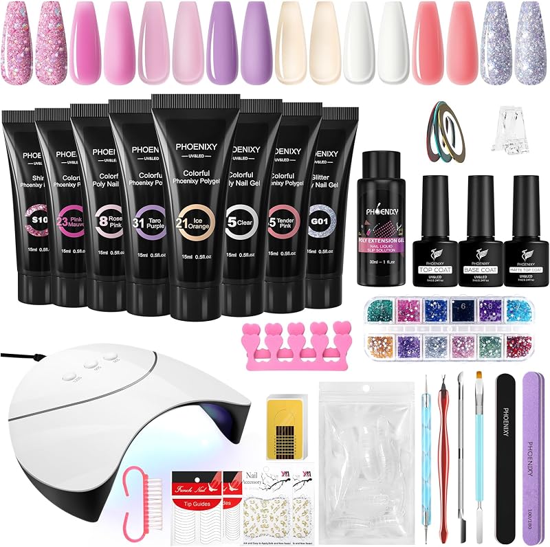 PHOENIXY Poly Nail Gel Extensions Kit 8 Colours 36W UV/LED Lamp 15ml