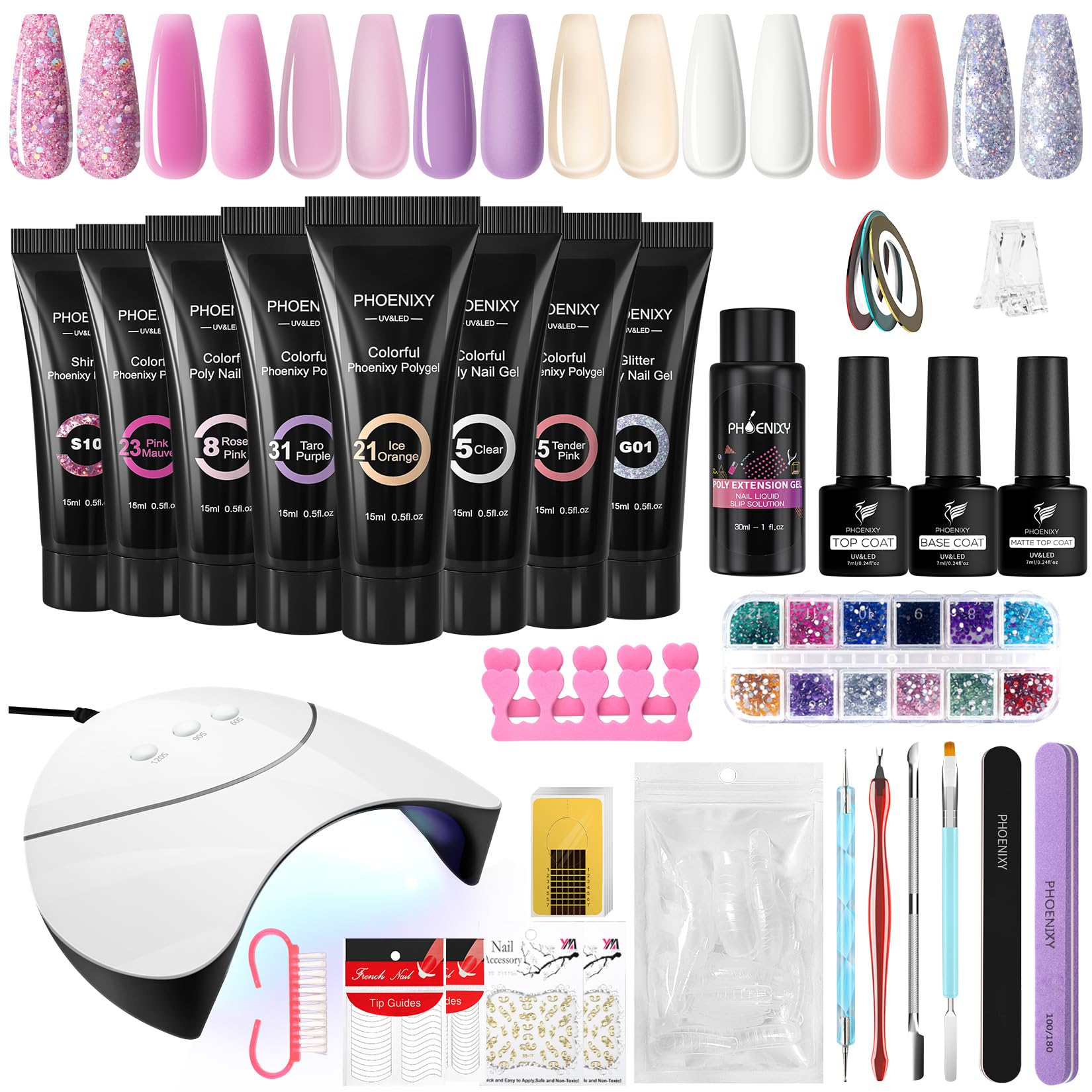 PHOENIXY Poly Nail Gel Extensions Kit, 8 Colours 15ml Poly Builder Gel Nail Kit with 36W UV/LED Nail Lamp Professional Nail Art at Home Gift for Women — image 1