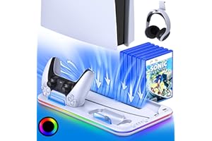 EXTREMECOOL PS5 Stand with 3 Gears Cooling Fan and RGB LED, Dual Fast PS5 Controller Charging Station for P5 Digital/Disc, PS5 Accessories PS5 Cooling Station Incl. 6 Game Storage, Headset Holder, Dust Baffle-WHT