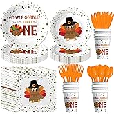 Xenorik Thanksgiving First Birthday Party Supplies Tableware, Little Turkey Is One Birthday Party Decorations, Turkey 1st Paper Plate, Cup, Napkin, Disposable Cutlery, Serves 24