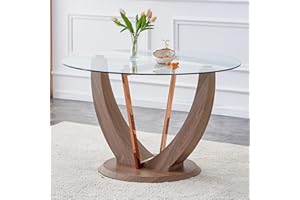 NicBex Modern Round Minimalist Circular Pandora Style Sintered Stone Table Top with A Diameter of 48 Inches Glass Desktop + Wood Texture Legs Suitable for Restaurants and Living Rooms, Transparent