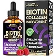 Liquid Biotin & Collagen - Vitamins for Hair Growth Support for Women & Men - Extra Strength 60000 mcg Drops - B7 Supplement - Strong Nails & Healthy Skin - 98% Faster Absorption Than Pills