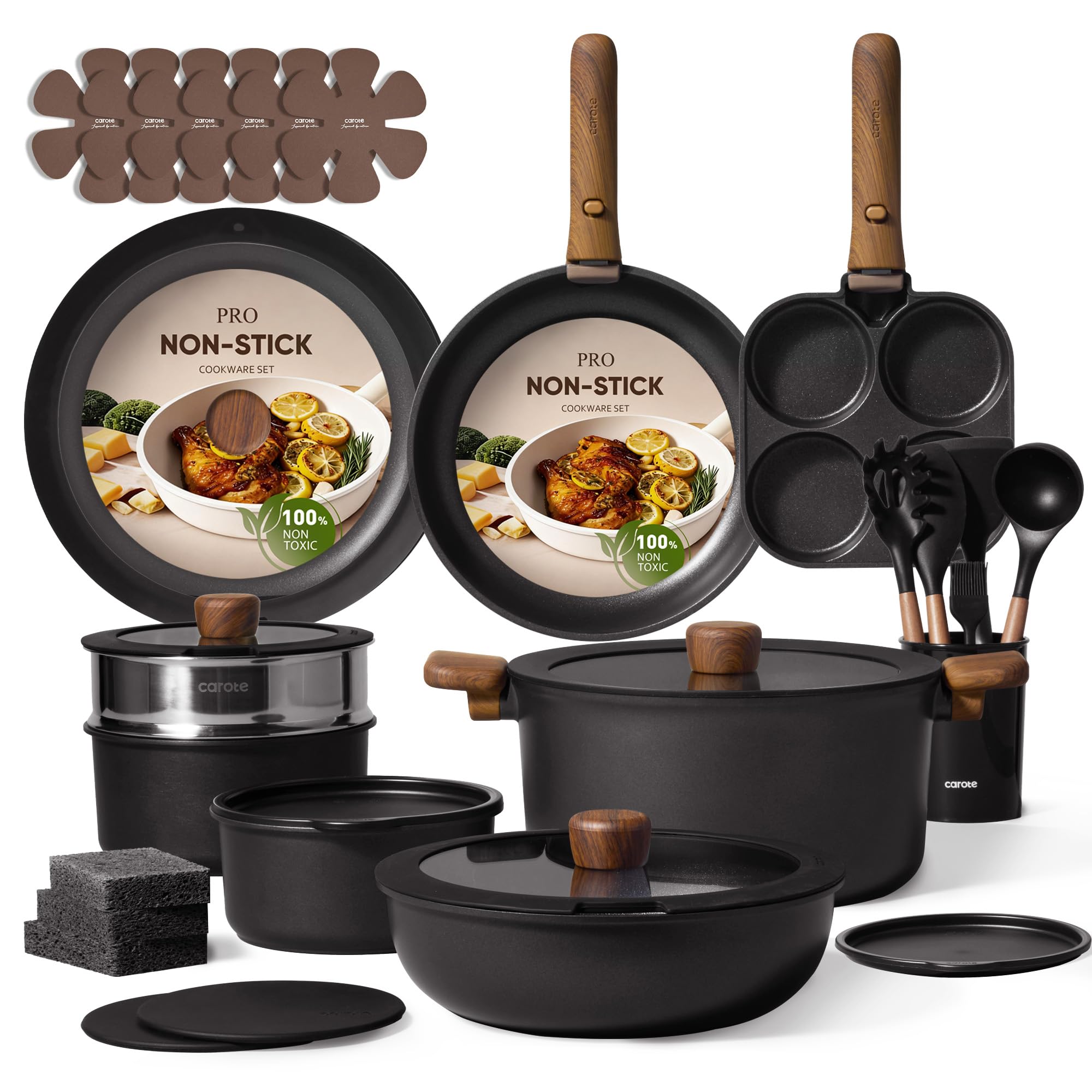 CAROTE 33pcs Pots and Pans Non Stick, Cookware Sets Detachable Handle, Induction Kitchen Pots and Pans,NonStick Cooking Set, Oven/Dishwasher/Fridge Safe, Space Saving Image