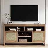 GarveeHome Rattan TV Stand with Storage Place for Living Room, Brown TV Console Cabinet with Shelf, 58 in Entertainment Center Media Console for 45 55 65 in TV, 30 in Tall Oak Wood Television Stands