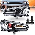 VLAND Headlights Assembly with D2S Bulbs Fit for Mitsubishi Lancer& EVO X 2008-2020 W/DRL, LED Front light with Sequential Turn Signal, Plug-n-Play Headlamp with Demon Eyes, Black Housing
