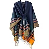 YnimioAOX Women's Poncho Shawl Wrap Soft Knit Cross Front Plaid Cape Cardigan with Tassels for Fall Winter