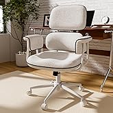 Fabric Office Chair with Granular Linen, Mid Back Vintage Desk Chair with Wheels and Wide Arms, Mid Century Modern Home Office Desk Chairs with Memory Foam Seat Cushion, Adjustable Height, White