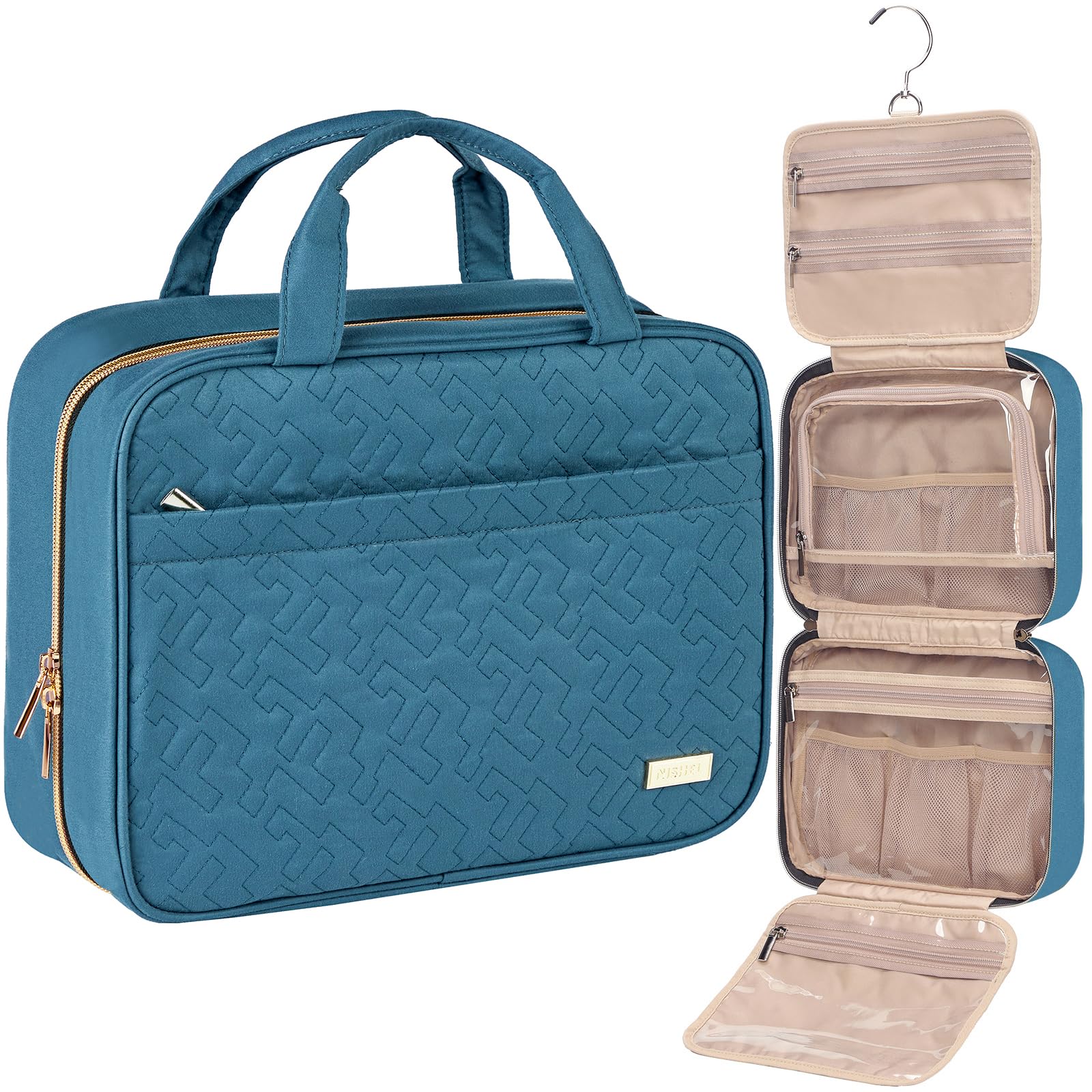 Photo 1 of NISHEL Travel Toiletry Bag for women, Portable Hanging Organizer for Full-Sized Shampoo, Conditioner, Brushes Set, Makeup Accessories, Large Size, Lake-Blue