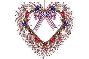 Yuefunny 4th of July Wreaths for Front Door Lighted Up Patriotic Heart Red White Blue Pip Berry Star Wreath 12 Inch with String Light Independence Veterans Day for Indoor Outdoor Window Decorations