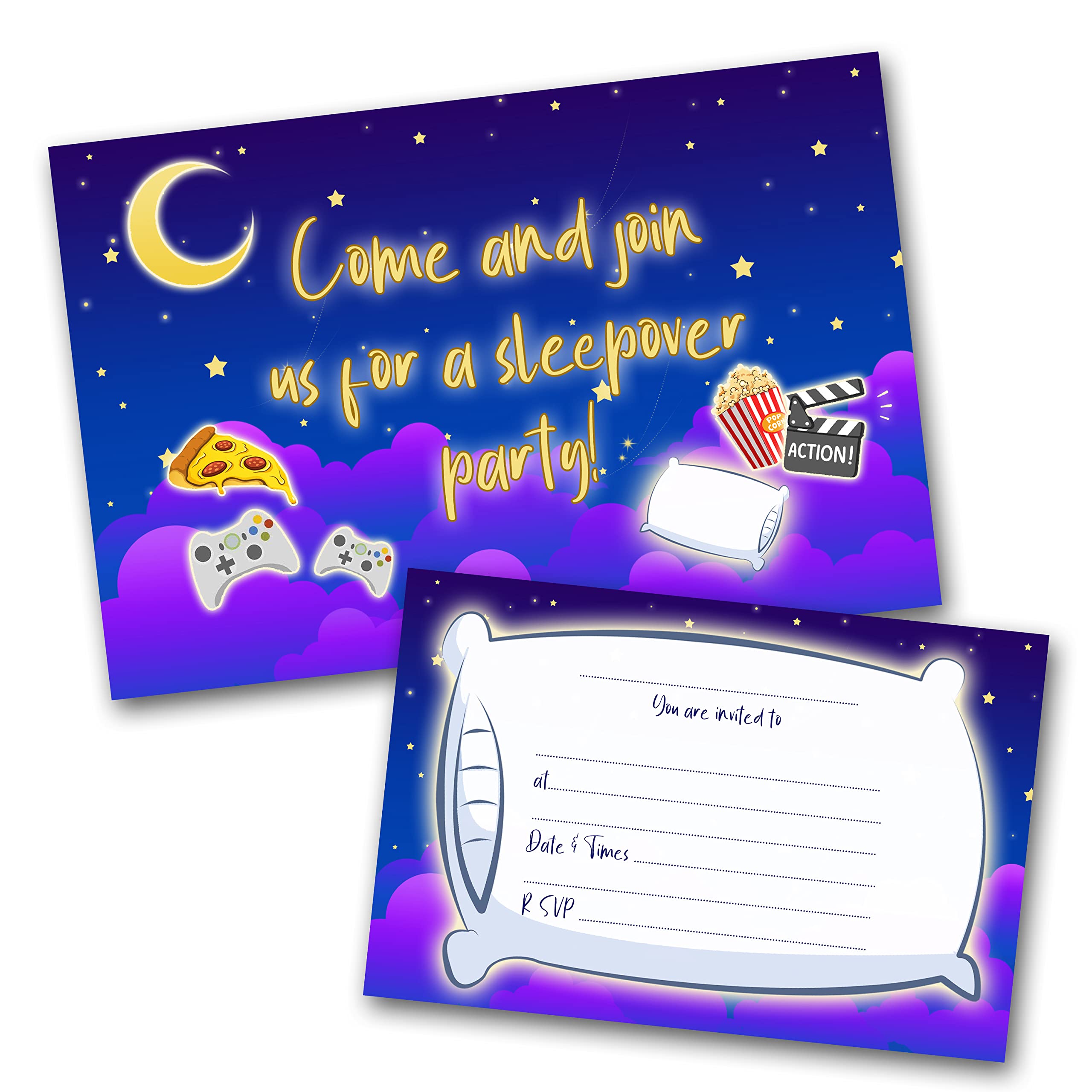 Sleepover Party Invitations Pack & Invites Envelopes (WRITE ON) (Blue Pack of 8)