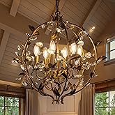 Wellmet 6 Lights Sphere Crystal Chandelier, Bronze Antique Light Fixture, Round Pendant Hanging Lighting for High Ceiling, Fo