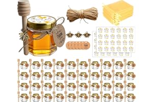 Adabocute Honey Pot, Glass Honey Jars, Small Honey Jars with Wooden Dippers, Bee Charms, Gold Gift Bags and Jutes Lids, Mini 