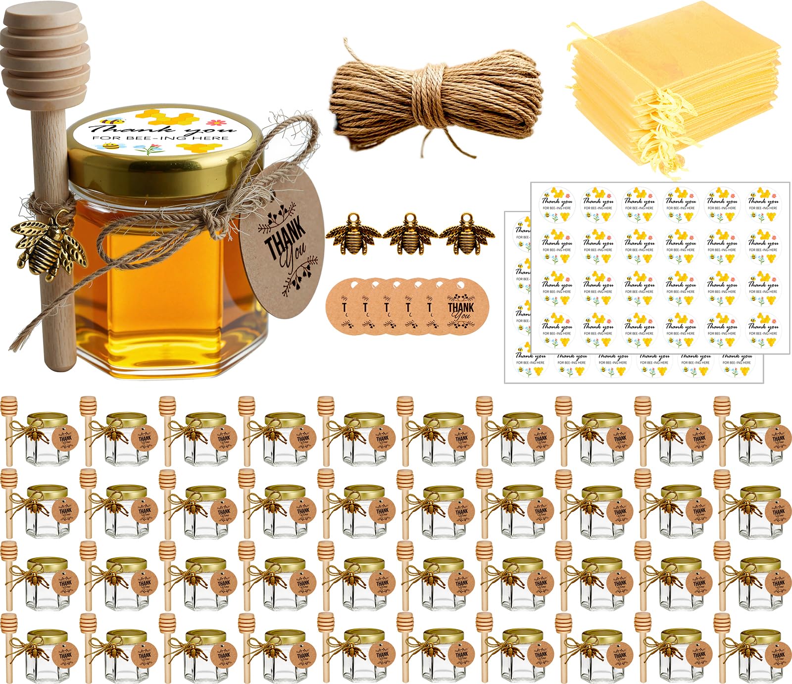 Ahhute Small Honey Jars, Honey Jar with Honey Spoon, Small Jars with Bee Pendant, Mini Honey Pots with Organza Ribbon, Mini Glasses for Baby Celebration, Wedding Favour, Pack of 40, 45 ml