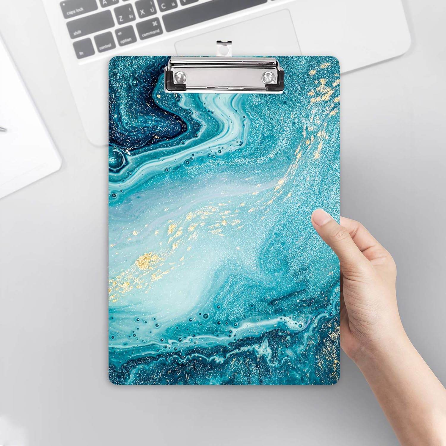 Hongri Clipboard, Fashion Design Letter Size Wooden Clipboards for Students, Women, Man and Kids, Cute Custom Pattern, A4 Standard Size 9" x 12.5" with Low Profile Metal Clip, Teal Marble : Office Products