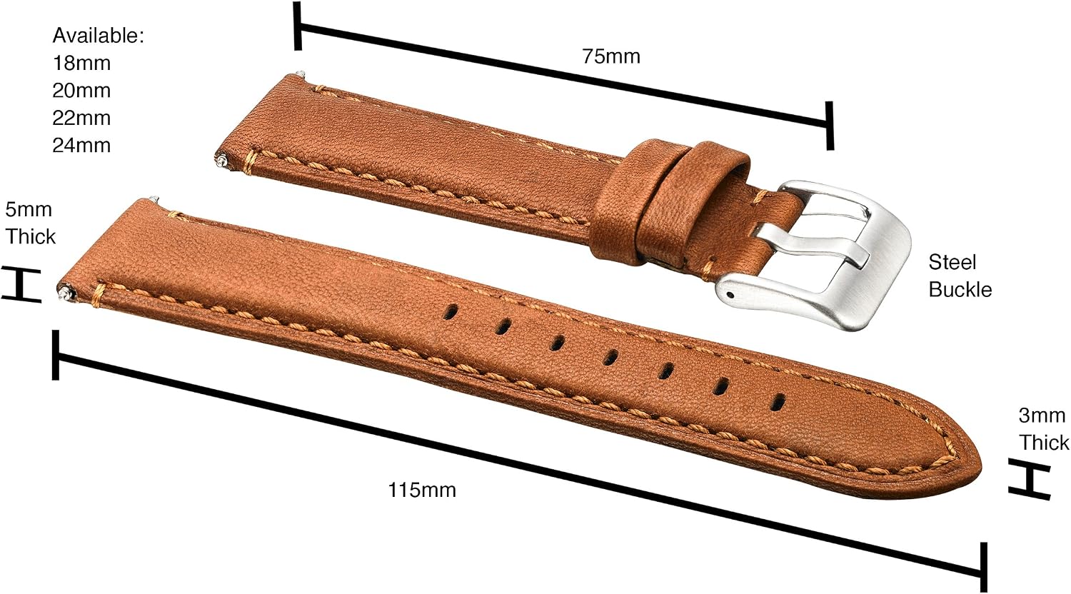 ALPINE Padded soft genuine waterproof leather watch strap - black, brown, tan - 18mm - 24 mm - TAN 20 MM, 20MM - Image 4