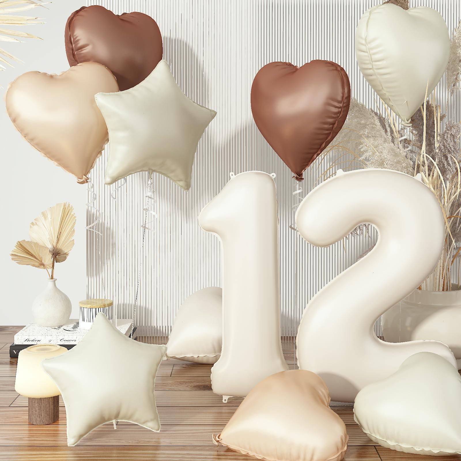 View 1 of 12th Birthday Balloons for Girls, Large Foil Beige Cream Sand White Neutral 12 Balloon, Nude Tan Apricot Brown Helium Heart Star Balloon for Kids Birthday Wedding Anniversary Party Boho Decoration