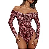 SweatyRocks Women's Sexy Leopard Print Bodysuit Off The Shoulder Ruched Wrap Leotard Going Out Tops