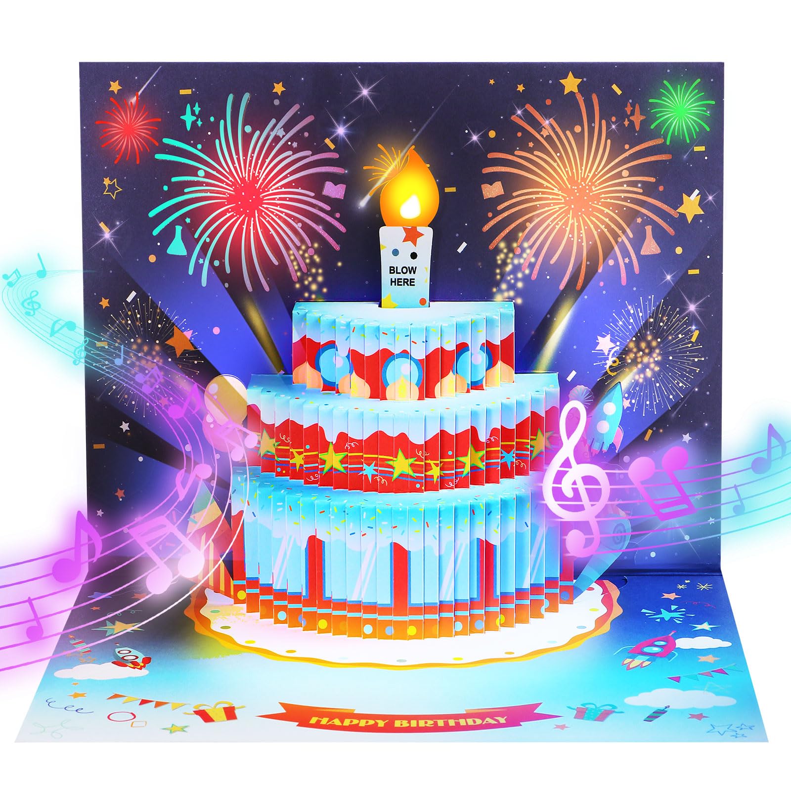Photo 1 of APOTODITO Rocket Birthday Cards for Kids, 3D Pop Up Birthday Card with Music and Light and Interactive Blowable Candle, Gift Card for Kids Children Boys Girls Son Daughter
