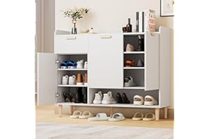 Cozy Castle Shoe Cabinet with Doors & Drawer, 4-Tier Shoe Organizer Cabinet with Adjustable Shelves, Freestanding Wood Storage Rack for Entryway Hallway, Living Room, White