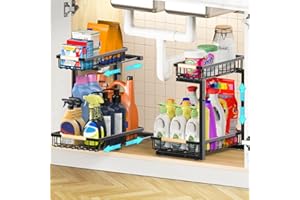Godboat 2 Pack Under Sink Organizer, Metal Pull Out Cabinet Organizer, 2-Tier Slide Out Sink Shelf Storage Drawers, 5 Levels Adjustable Height Fit Most Under the Sink, Multi-Use for Bathroom, Kitchen