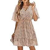 KIRUNDO Womens Summer Dresses 2026 Casual Spring Short Sleeve V Neck Ruffle Floral Print High Waist Belted Flowy Mini Dress