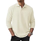VOGSTART Mens Textured Polo Stretchy Casual Fashion Long Sleeve Button Shirt (S-XXL)